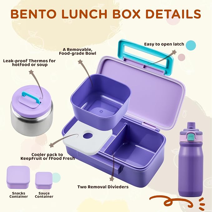 MAISON HUIS Bento Box for Kids with 8oz Soup Thermo, Insulated Lunch Bag & 17oz Water Bottle, 2-Compartment Bento Box with Built-In Ice Pack, Leak-Proof & BPA-Free (Purple)