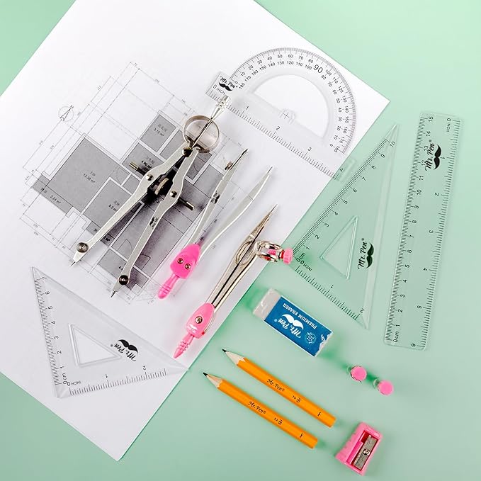 Mr. Pen- Geometry Set, 13 pcs, 3 Metal Compasses, Protractor, 6" Ruler, 45° & 30°/60° Set Squares, Pencils, Lead Refills, Sharpener & Eraser for Math, Drafting & Classroom Use