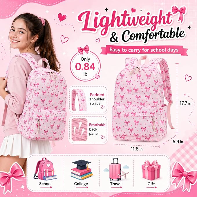LOIDOU Backpack for Girls School Backpacks Bookbags for Elementary Middle School Women Laptop Backpacks (Bow Tie Pink, L-17)