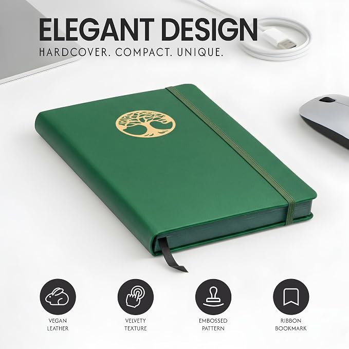 EVERLINEA 5.6” x 8.3” Embossed Tree A5 Hardcover Notebook, 240 Dotted Pages, Forest Green