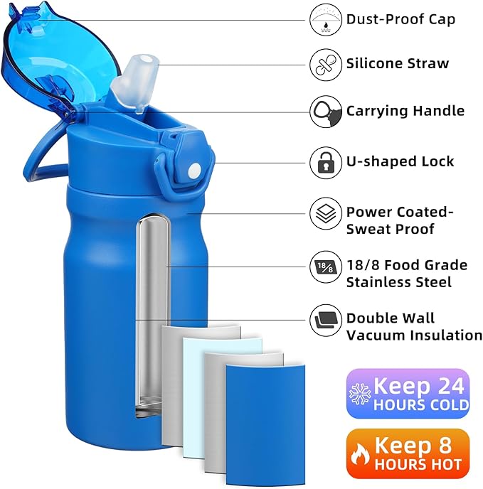 BJPKPK Insulated Water Bottle 14oz Stainless Steel Water Bottles with Straw and Carry Handle Double Wall Metal Thermal Flask,Blue