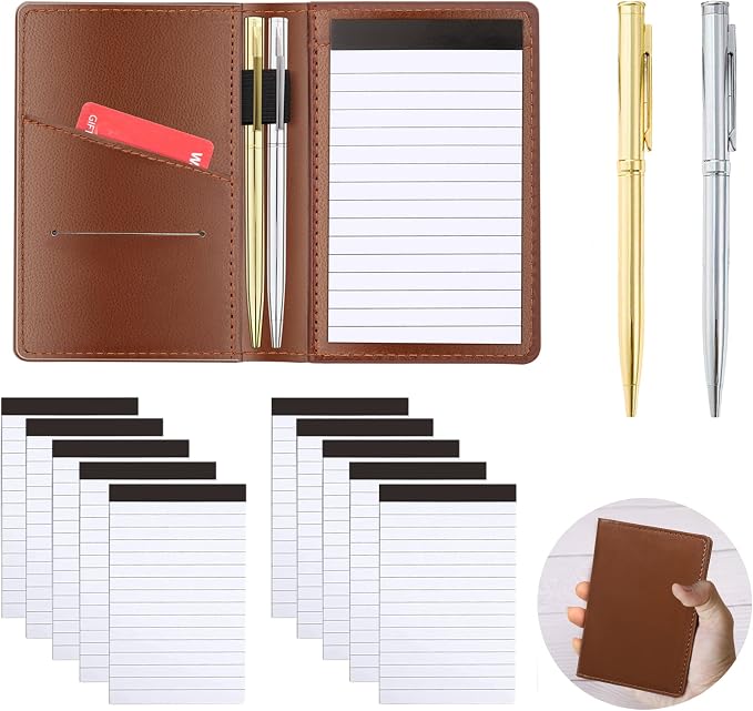 13 Pack Mini Pocket Notepad Set,Included Leather Pocket Notepad Holder,10 Pack 3×5 Inch Small Notebook Refills,Writing Pads with 30 Lined Paper Per,Scratch Pads,Memo Pads,2 Metal Ballpoint pens(Brown)