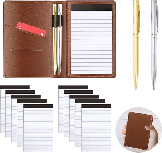 13 Pack Mini Pocket Notepad Set,Included Leather Pocket Notepad Holder,10 Pack 3×5 Inch Small Notebook Refills,Writing Pads with 30 Lined Paper Per,Scratch Pads,Memo Pads,2 Metal Ballpoint pens(Brown)
