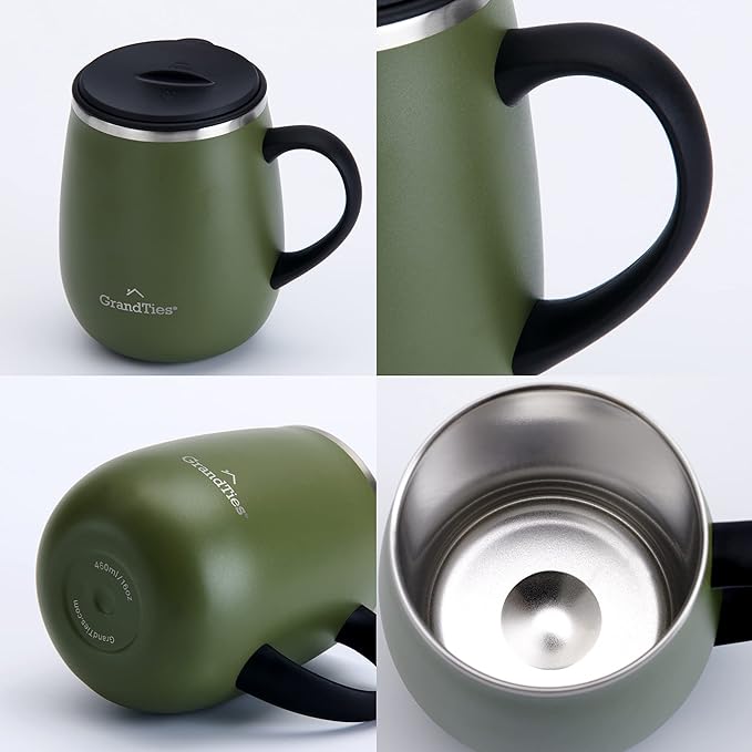 GRANDTIES Insulated Coffee Mug with Handle - Sliding Lid for Splash-Proof 16oz Wine-Glass Shape Thermal Tumbler with Double Walled Vacuum Stainless Steel to Keeps Beverages Hot or Cold-Olive Green