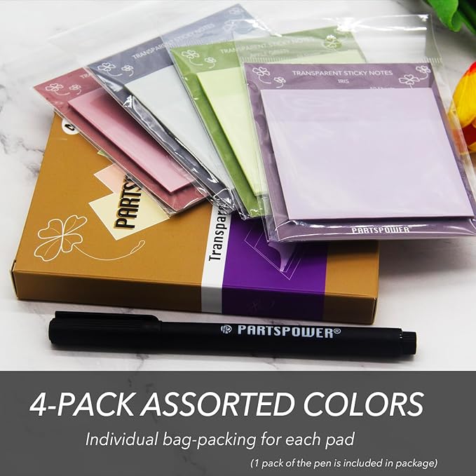 PARTSPOWER Super Transparent Sticky Notes, Jewel Tones 4 Packs 3X3 Inch See Through Annotating Sticky Notes for Annotating, Bible Study Supplies, Office School Supplies