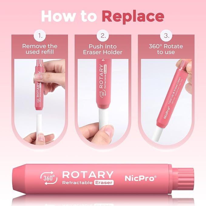 Nicpro Rotary Retractable Eraser with 5 PCS Refills-Pink