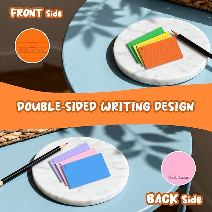 Colored Index Cards with Ring, 300 Count Punched NoteCards 3x5 Lined, 6 Colors Flash Cards with Rings, Bright Colors Index Cards 3x5, Lined Note Cards 3 x 5 for Office, College, and School Supplies