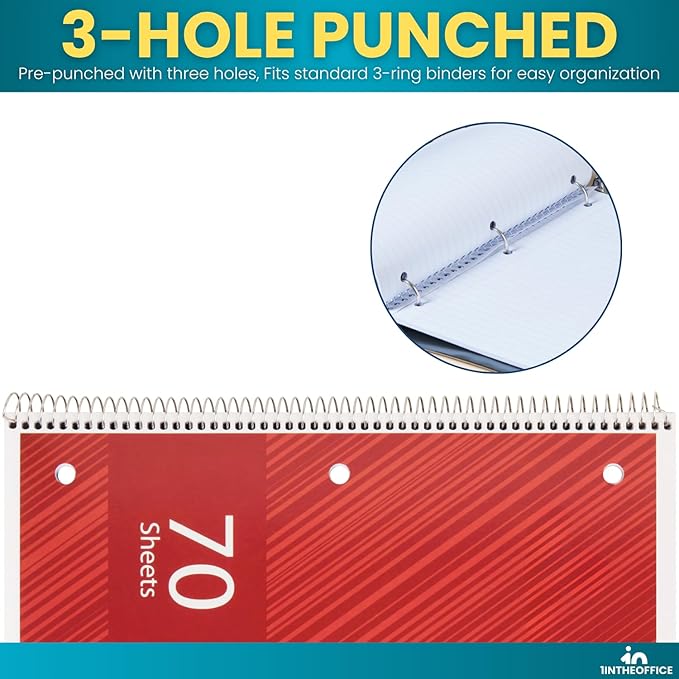 1InTheOffice Spiral Notebook College Ruled 10.5 x 7.5, 1-Subject College Ruled Notebooks, Wirebound Spiral Notebooks, 3-Hole Punched, 70 Sheets, Assorted Colors, 8 Pack