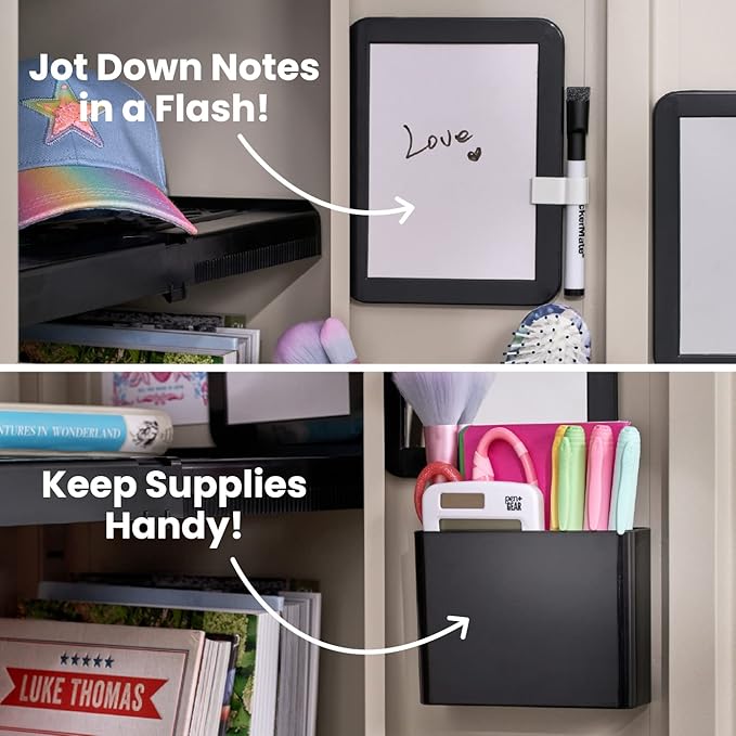 LockerMate 6-Piece Locker Organizer Kit, Includes Mirror, Whiteboard, Storage Cup & Dry Erase Marker, Black