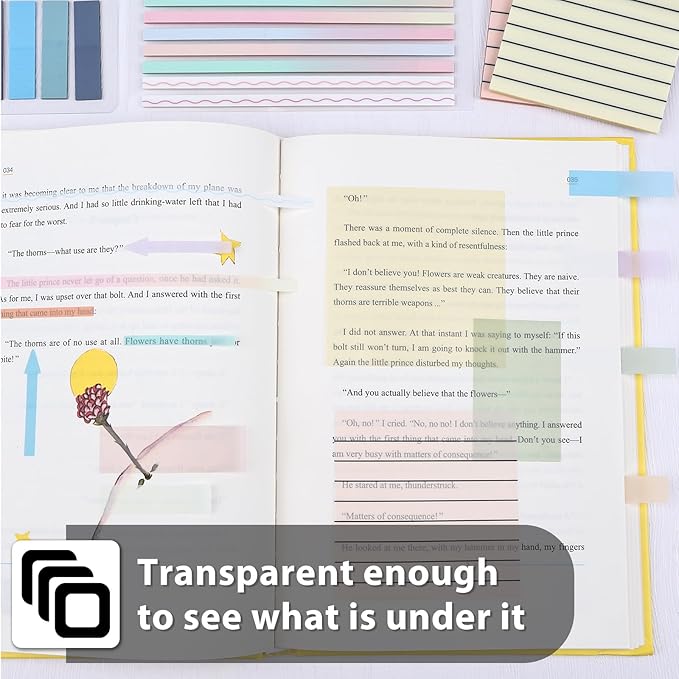 1920 Sheets Transparent Sticky Notes, Clear Tabs Long Highlighter Strips Page Markers for Books, Writable Annotation Index Flags Tapes for School Office Supplies (Multicolor Lined Set)