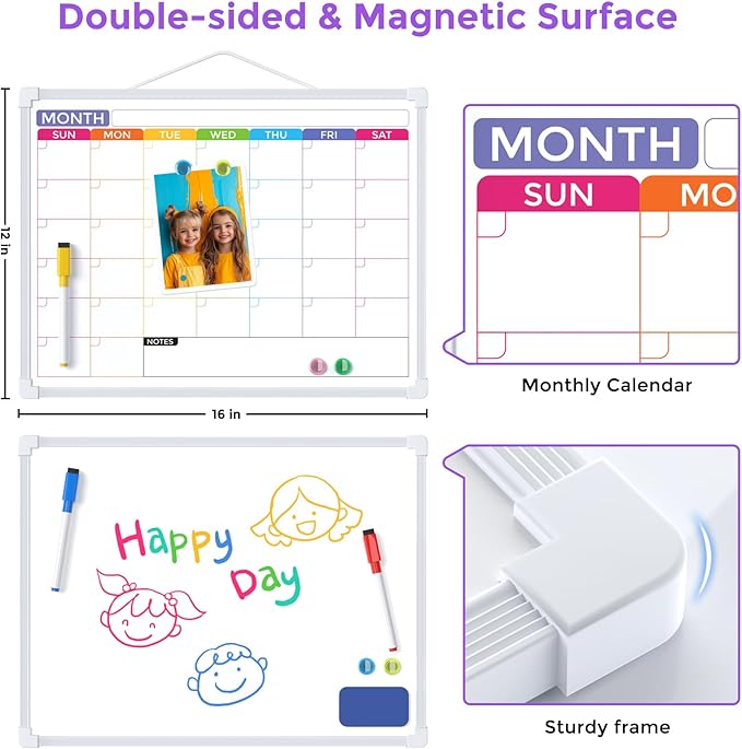 MaxGear Small Monthly Calendar Dry Erase Board for Wall, 16"x12" Hanging Double-Sided White Board with 5 Markers & 4 Magnets, Portable Whiteboard for Home, Office, Planning, Drawing, Memo, to Do List