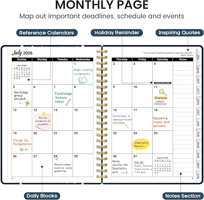 Planner 2026-2027, Academic Monthly and Weekly Calendar Planner for Women, July 2026 - June 2027, Hardcover Pretty Agenda Planner Book with Tabs, Spiral Daily Organizer for School Office Home Supplies, 8.5" x 11" - Blue Patchwork