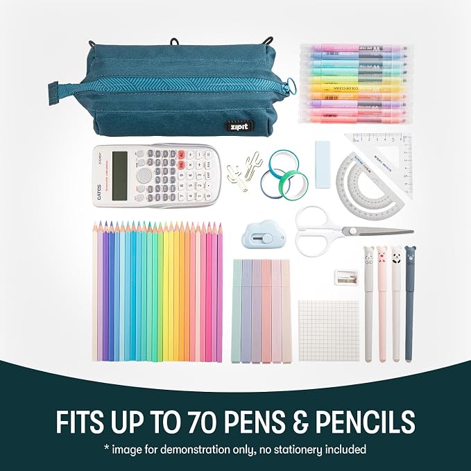 ZIPIT Lenny Pencil Case, Wide-Opening Zipper Pouch for Girls and Boys, Teal | Aesthetic pouch for school, machine washable, colorful lining, holds 55 pens & pencils, doubles as a makeup case for travel