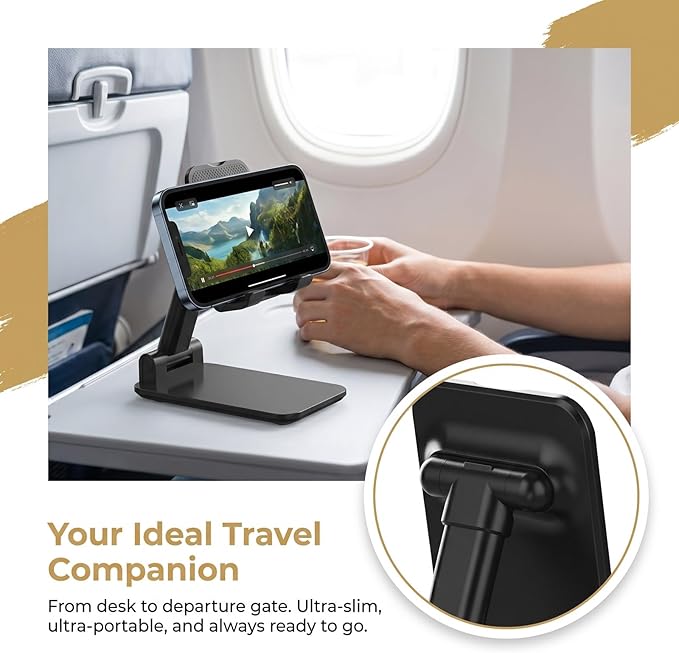 Phone Holder for Desk, MT-6 Cell Phone Stand for Desk Universal Cellphone Stand Holder Foldable & Height Adjustable Compatible Under 8” Device, with Silicone Mat, Black