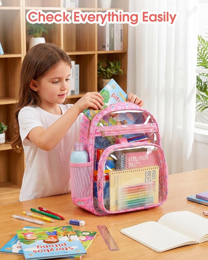 Soimeat Clear Backpack for Girls - Large Kids Clear Bookbag - Fabric & PVC Transparent Backpacks for Elementary School, Pink Rainbow