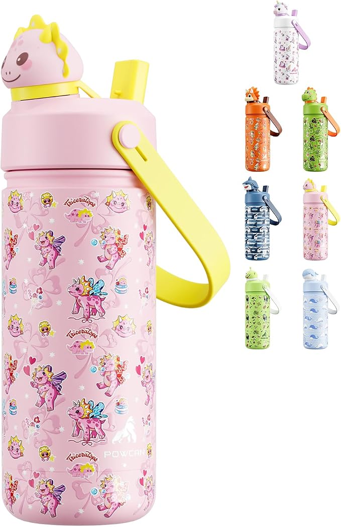 POWCAN 18 oz Kids Water Bottle: 2-in-1 Straw Spout Lid with Soft Animal Head, Leakproof, Backpack Friendly, Keep Cold 24H, Cute Patterns, Insulated Cup for School, Playtime, Trip, Gift (Lovely Trike)