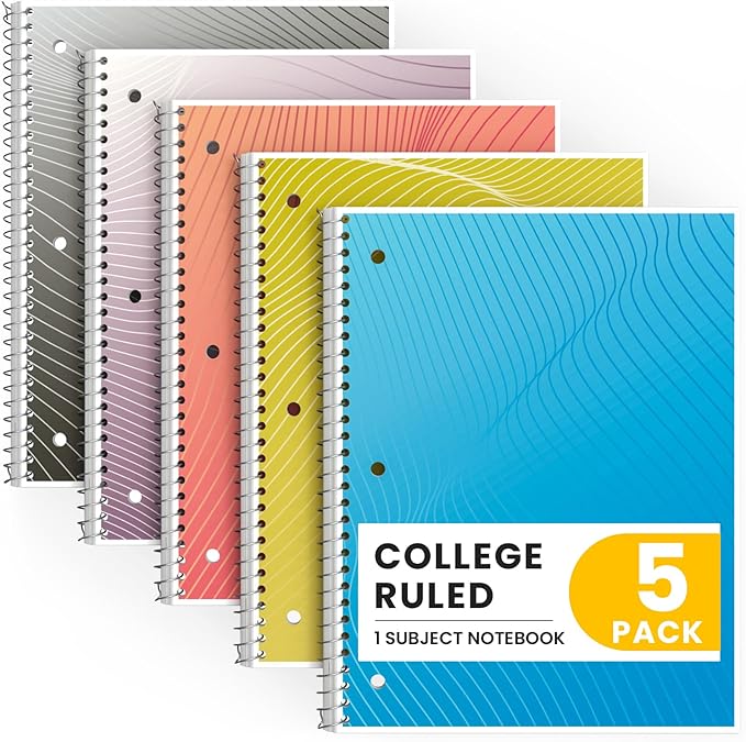 Oucaru Spiral Notebook College Ruled, 5 Pack, 1 Subject, 70 Sheets 8-1/2" x 10", 3 Hole Punched, Lined Journaling Notebooks, for Writing, Home & Office, School Supplies