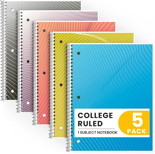Oucaru Spiral Notebook College Ruled, 5 Pack, 1 Subject, 70 Sheets 8-1/2" x 10", 3 Hole Punched, Lined Journaling Notebooks, for Writing, Home & Office, School Supplies