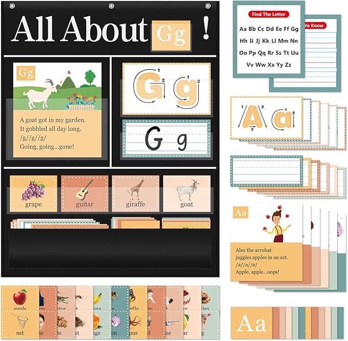 All About Letters Pocket Chart with ABC Flash Cards, 34" X 27", Letter of The Day/Week Daypocket Chart, Letter Tracing Learning Educational Wall Chart Preschool Classroom Homes, Black