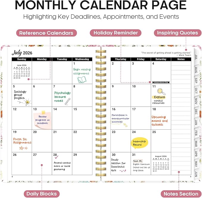 Planner 2026-2027, Academic Year Monthly and Weekly Calendar Planner, Jul 2026 - Jun 2027, Hardcover Teacher Student Planning Agenda book with Tabs, Perfect for School Office Supplies, 8.5" x 11" - Wildflowers