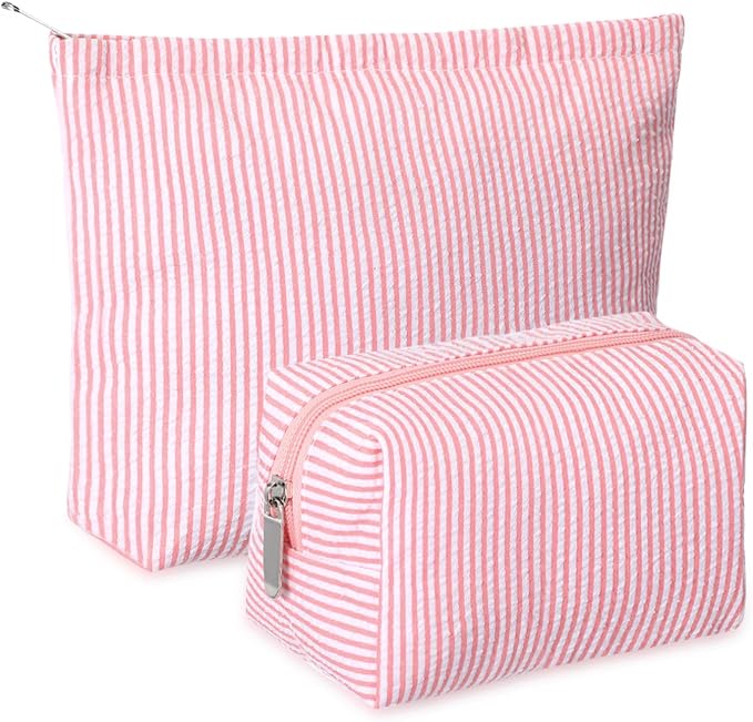 Huhumy 2 Pcs Makeup Bag Set for Women, Rose Pink, Thin Striped Seersucker | Cute Cosmetic Pouch Women Travel Toiletry Bag Preppy Small Makeup Purse Pouch Aesthetic Skincare Brushes Storage Organizer
