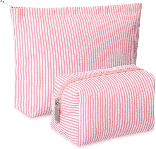 Huhumy 2 Pcs Makeup Bag Set for Women, Rose Pink, Thin Striped Seersucker | Cute Cosmetic Pouch Women Travel Toiletry Bag Preppy Small Makeup Purse Pouch Aesthetic Skincare Brushes Storage Organizer