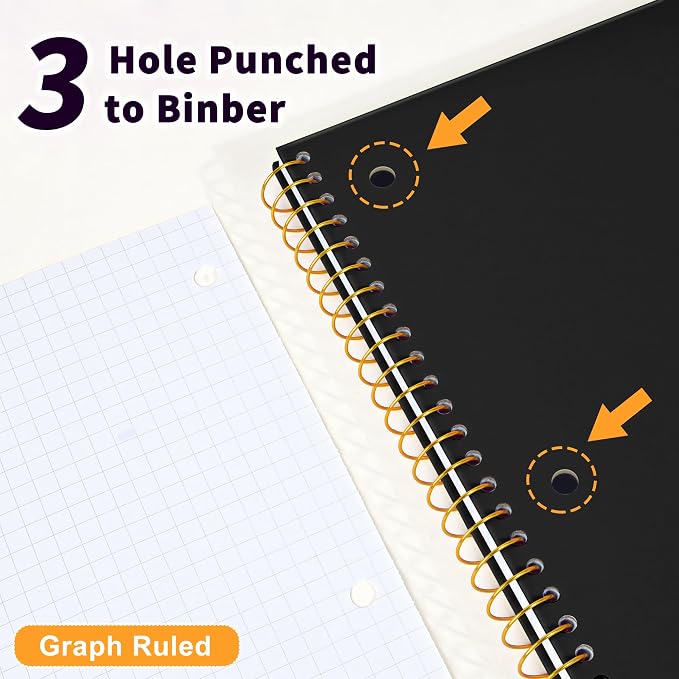 Spiral Notebook Graph Ruled Paper 8" x 10 1/2", 1 Subject Spiral Grid Notebook 3-Hole Punched Perforated Page Ideal for School, Office, Writing, 95 Sheets Lined Journaling Graphing Notebook, Black