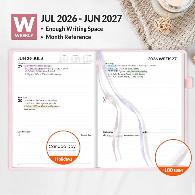 SUNEE 2026-2027 Weekly & Monthly Hardcover Planner 5.5" x 8.3" - 12 Month (July 2026 - June 2027), Small Academic Year Calendar Planner, Pocket, Notes, 100 GSM Paper, Pink