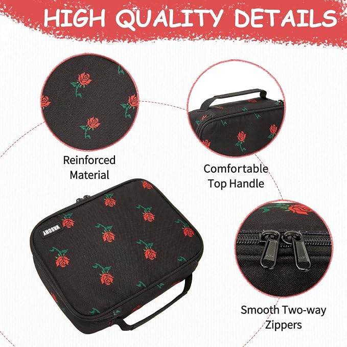 VASCHY Large Pencil Case Bag, Art Supply Marker Organizer Big Pen Pouch with Detachable Layers Slots Multiple Zipper Pockets for Kids Adults School Office Black Rose