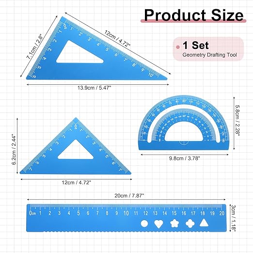 PATIKIL 4 Pcs Geometry Drafting Tool, Aluminum Alloy Geometry Kit Math Tool Includes 20cm L Ruler Protractor Triangles for Drafting Angle Measure Simple Science Experiment, Sky Blue