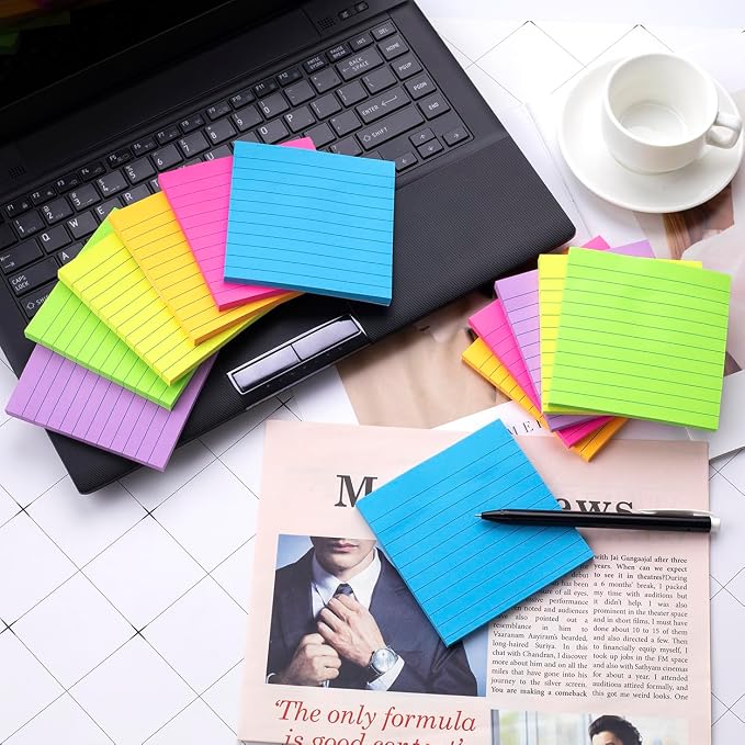 (36 Pads) Lined Sticky Notes 4x4 in, 6 Bright Colors Self-Stick Note Pads, Strong Adhesive, 47 Sheets/Pad
