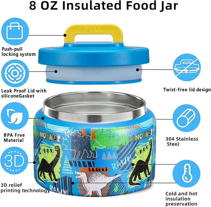 JXXM 8 Oz Thermo Food Jar for Hot & Cold Food for Kids, Insulated Lunch Containers Hot Food Jar,Leak-Proof Vacuum Stainless Steel Wide Mouth Lunch Soup Thermo for School (BLUE-Dinosaur)
