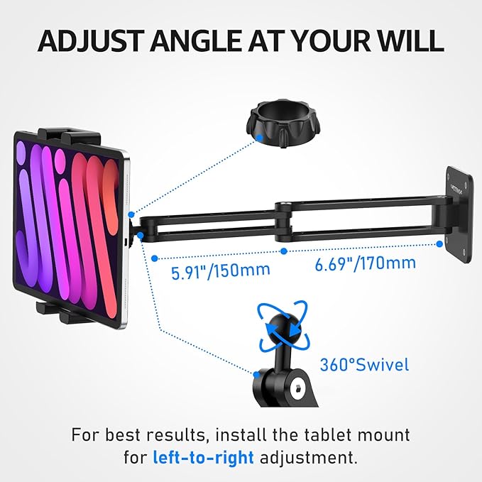 Urmust Tablet Wall Mount Holder for iPad, 360 Rotation Adjustable Stand with Aluminum Extendable Arm, Compatible with iPad mini/Air/Pro/Galaxy Tab/Kindle, All 4.7-15.6" Phones & Tablets