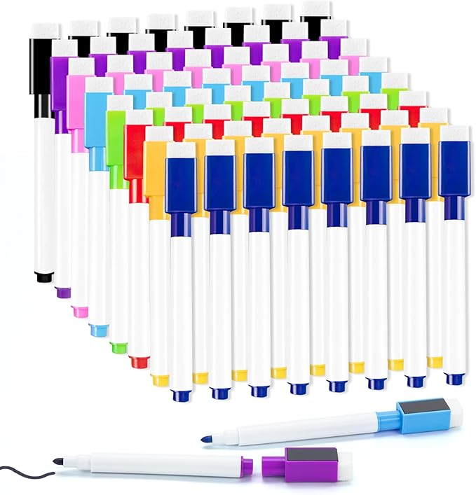 50 Pcs Colorful Magnetic Dry Erase Markers with Eraser Cap, White Board Mini Dry Erase Markers Bulk, Fine Point Tip White Board Markers for Teachers Office School Supplies