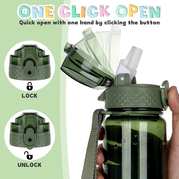 OLDLEY 17oz Kids Water Bottle, Tritan BPA-Free, Leakproof Flip Straw Lid, Motivational Time Marker, Carry Strap, Reusable Clear Water Bottle for Boys & Girls,Jade