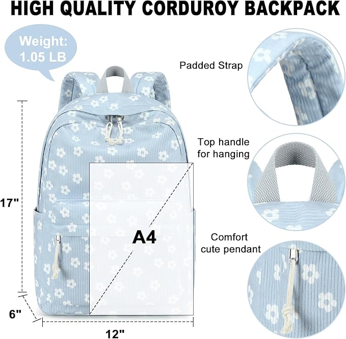 BTOOP School Backpack for Teens Large Corduroy Bookbag Lightweight 15.6 inch Laptop Bag for Girls Women Casual High School College