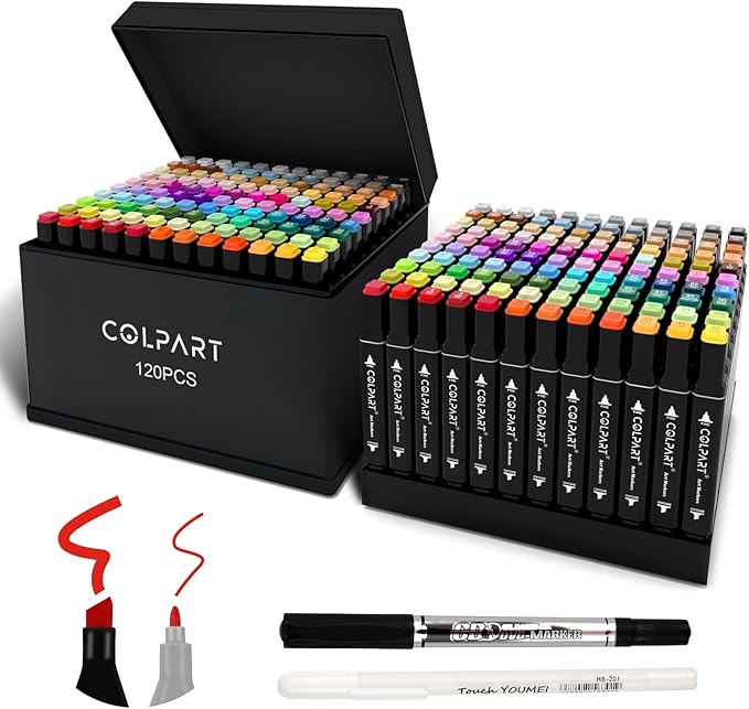 colpart 120 Colors Alcohol Markers Set Dual Tip Art Markers for Kids Marker Pens with Pen Holder and Case for Adult Painting Supplies Perfect for Painting, Coloring Book, Sketching and Drawing