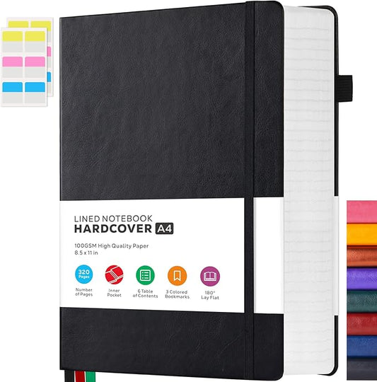 FOCUS DAY Notebooks College Ruled, A4 (8.5 x 11) Large Notebook Journal with 100GSM Lined Paper, Hardcover Leather Journaling Notebooks for Women & Men, 320 Pages, Big Black Notebook