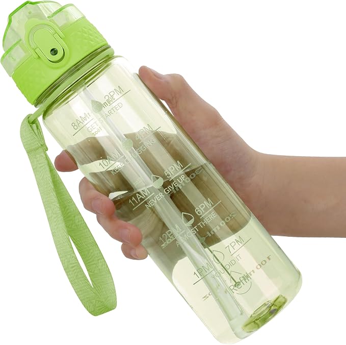 OLDLEY 17oz Kids Water Bottle, Tritan BPA-Free, Leakproof Flip Straw Lid, Motivational Time Marker, Carry Strap, Reusable Clear Water Bottle for Boys & Girls,Parrott Green
