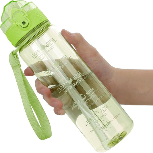 OLDLEY 17oz Kids Water Bottle, Tritan BPA-Free, Leakproof Flip Straw Lid, Motivational Time Marker, Carry Strap, Reusable Clear Water Bottle for Boys & Girls,Parrott Green