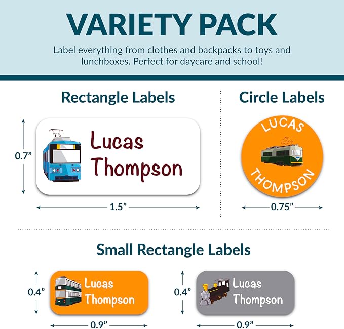 Personalized Waterproof Name Labels for Kids | Optional Packs 50, 150, 230 Labels | Custom Name Stickers for Kids' Clothing Tag, Water Bottle, Lunch Box, Customize Kid Name Label for Daycare Trains