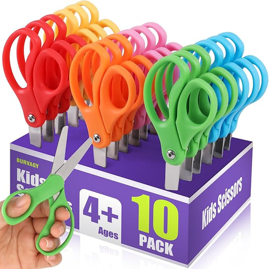 BURVAGY 10 Packs 5" Small School Student Blunt Tip Craft Kids Scissors, Stainless Steel Blades Comfort Grip 5 Inch Safety Scissors Bulk for Children Toodler Cutting Paper