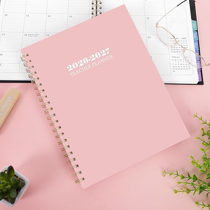 SKYDUE Teacher Planner 2026-2027 Academic Year, 8.5" x 11" Teacher Lesson Planner with Monthly Tabs & Stickers, Lesson Plan Book 26-27, Pink