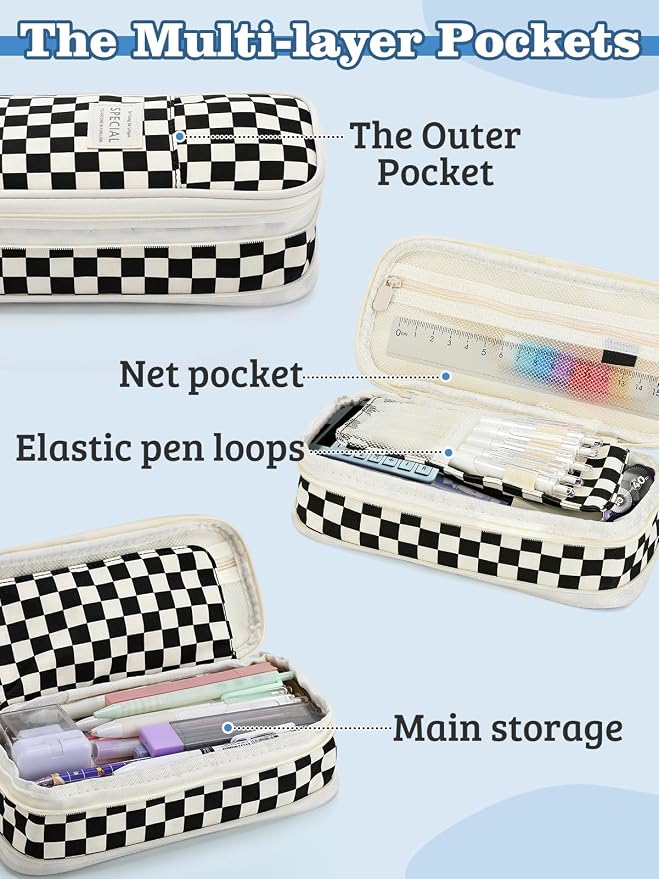 Bigmeta Gingham Expandable Pencil Case for Teens Girls - Black | Zipper Gusset for Adjustable Capacity, Checkered Cute Pencil Pouch, Stationery Bag Box for Student Back to School Gifts
