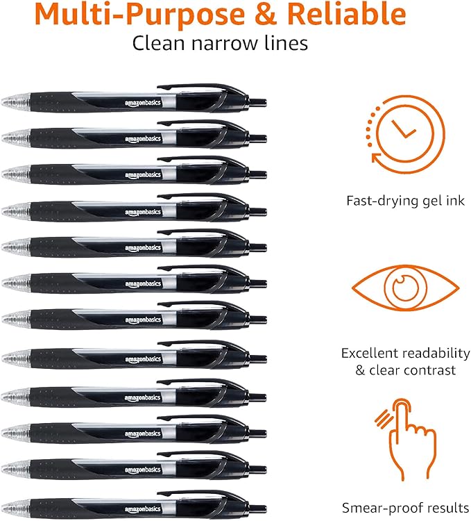 Amazon Basics Retractable Gel Ink Pens for Note-Taking and Office Writing, Fine Point 0.7mm, Smooth Writing, Black, 12-Pack