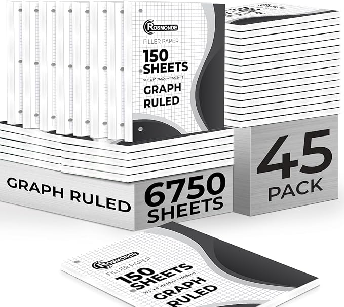 Rosmonde 6750 Sheets Graph Paper Bulk, 45 Pack, Bulk Grid Paper, 4x4, 8" x 10.5", 3 Hole Punched, Quad Ruled Sheets, Thick Graphing Paper, Fights Ink Bleed, Bulk Loose Leaf Paper, Bulk School Supplies