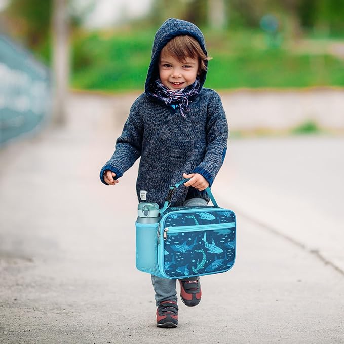 Bagseri Kids Lunch Bag Boys - Thermal Insulated Lunch Box Tote with Water Bottle Holder, Reusable Leak-Proof Kids Lunch Box for Daycare & School, Blue Shark (Containers Not Included)