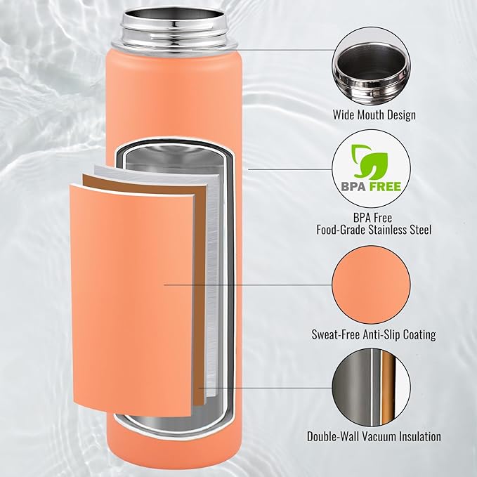 Fijinhom 24 oz Insulated Water Bottle with Handle, 304 Stainless Steel Water Bottles with Wide Mouth, Double Wall Vacuum Sports Water Bottle, BPA Free, Keep Cold and Hot, Coral