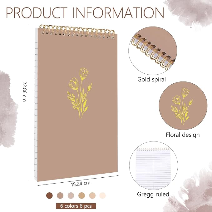Gueevin 6 Pack Steno Pads, Top Spiral Notebooks 6 x 9 Inches,Brown