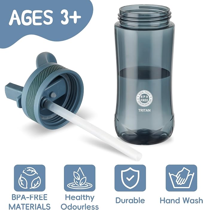 14oz Clear Kids Water Bottle with Straw Lid, BPA-Free Tritan, Measurement Scale, Sturdy Handle Wide Mouth Leak-proof Reusable Plastic Bottle for Boy& Girls, Back to School(Dark blue)